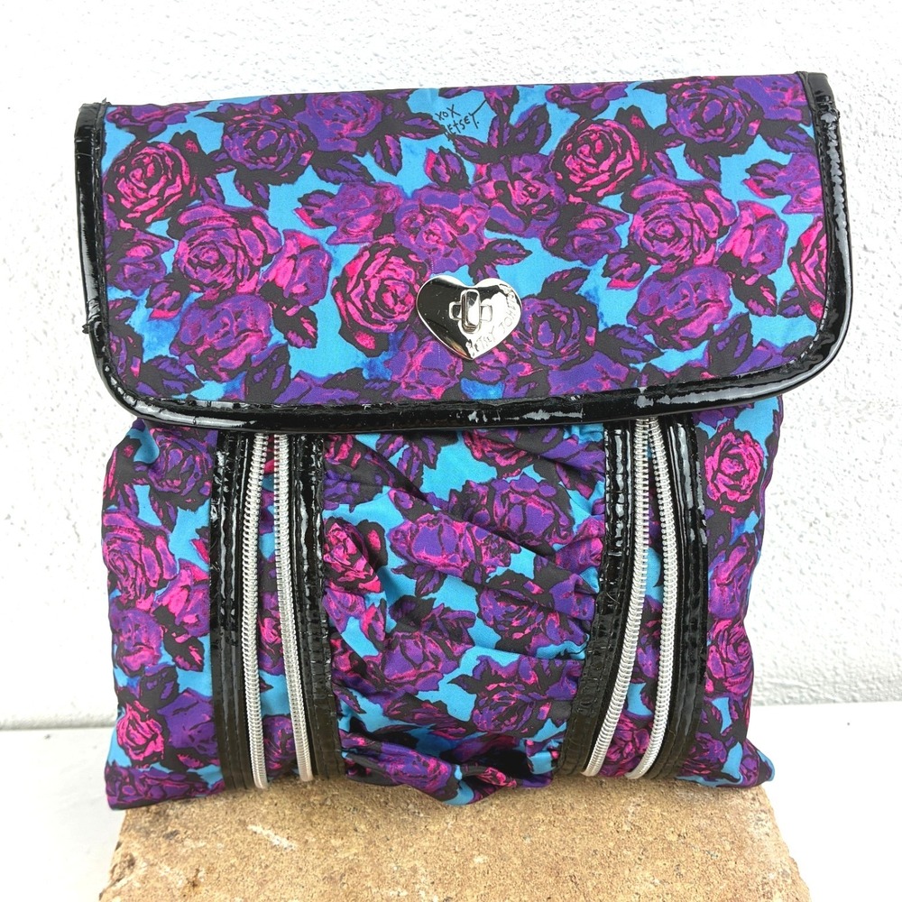 Betsey Johnson Blue Purple Floral Rose Crossbody Bag Patent Trim Heart Lock Y2K